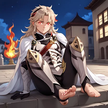 masterpiece, best quality, sharp aliasing, highly detailed, 1male, male body, male,EPfeCorrin, white cape with flames, armour, black gloves, black pants, wearing pants, outdoors, stone tiled ground, buildings, night, barefoot, toeless legwear, armoured legwear, shin armour, leg armour, leg and shin amour, stirrup legwear, black stirrups, 5 toes, Quality, High Definition, Full body view, solo, rengoku kyojuro, forked eyebrowns, long hair, two-etone hair, multicolored hair, red eyes, sword, red toenails, dirty feet, glowing eyes, sitting on ledge, feet, focus, shy expression, feet, soles, looking away from viewer