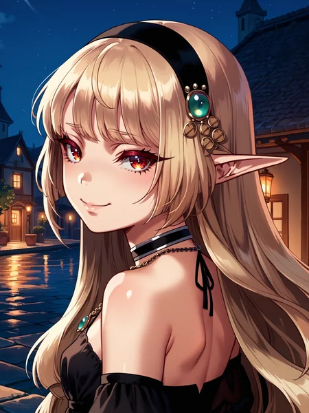 (solo focus, upper body:1.2) <lora:happy_tentacle-fritillaria-v0.2-000030:1>, ht_fritillaria, hairband, choker, jewelry, necklace, pointy ears, (petite:1.2), <lora:Shed_The_Skin's StS_age_slider_v1_initial_release:-1.2> ( :1.1) ( , , ( :1.2) , seductive smile , looking back :1) , outdoors, vegetation, ( :1.1), , (night, night sky :0.6), , (:0.5), , (modern architecture :0.8), (town :1.2) ( :0.8) score_9, score_8_up, score_7_up, score_6_up, score_5_up, score_4_up, ( [(realistic, photorealistic:1.3):(realistic:1.3):20] [(3d:1.2)::14] :1) <lora:LUUNA's Lunas-NijiJourney-SDXL-B2:0.35>, nijijourney <lora:prgfrg23's Counterfeit-V3.0 Style SDXL_LoRA_Pony Diffusion V6 XL:0.5> <lora:mfcg's mfcgXL:0.12> <lora:reweik's gyokai(himehajime)_PonyXL_style_v01:0.14>