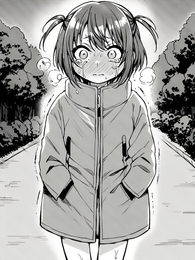 score_9, score_8_up, score_7_up,  
1girl, monochrome, otsuki mikako, medium hair, grey hair, two side up, flat chest,

standing, outdoors, park, night, solo, wide-eyed, full-face blush, closed mouth, tears, looking at viewer, jacket, coat, bare legs, trembling,