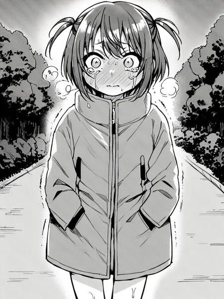 score_9, score_8_up, score_7_up,
1girl, monochrome, otsuki mikako, medium hair, grey hair, two side up, flat chest,
standing, outdoors, park, night, solo, wide-eyed, full-face blush, closed mouth, tears, looking at viewer, jacket, coat, bare legs, trembling,