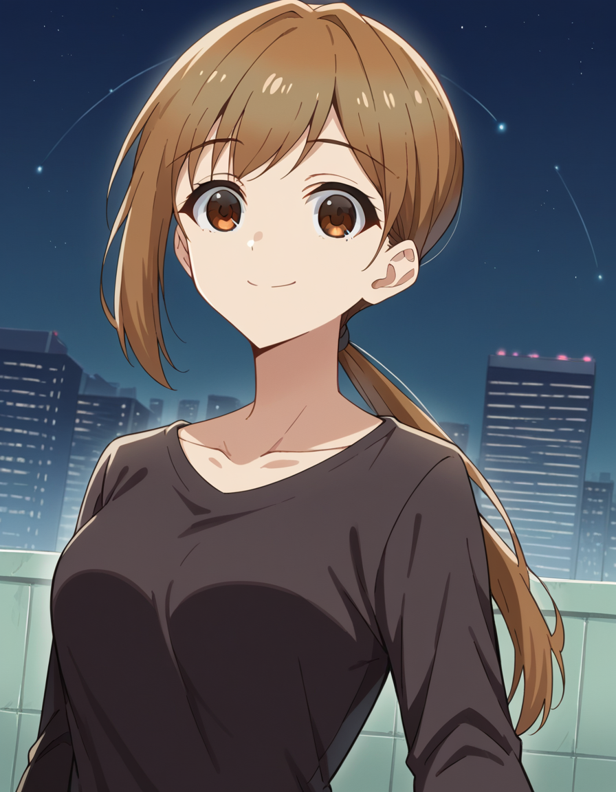 score_9, score_8_up, score_7_up, source_anime, <lora:shikanoko-ukai-s1-ponyxl-lora-nochekaiser:1>, ukai, bangs, brown hair, brown eyes, ponytail, medium breasts,, shirt, black shirt, long sleeves, collarbone, pants,, city skyline, rooftop view, night time, city lights, quiet reflection, smile, looking at viewer, smile, from below, solo,, cowboy shot, dutch angle