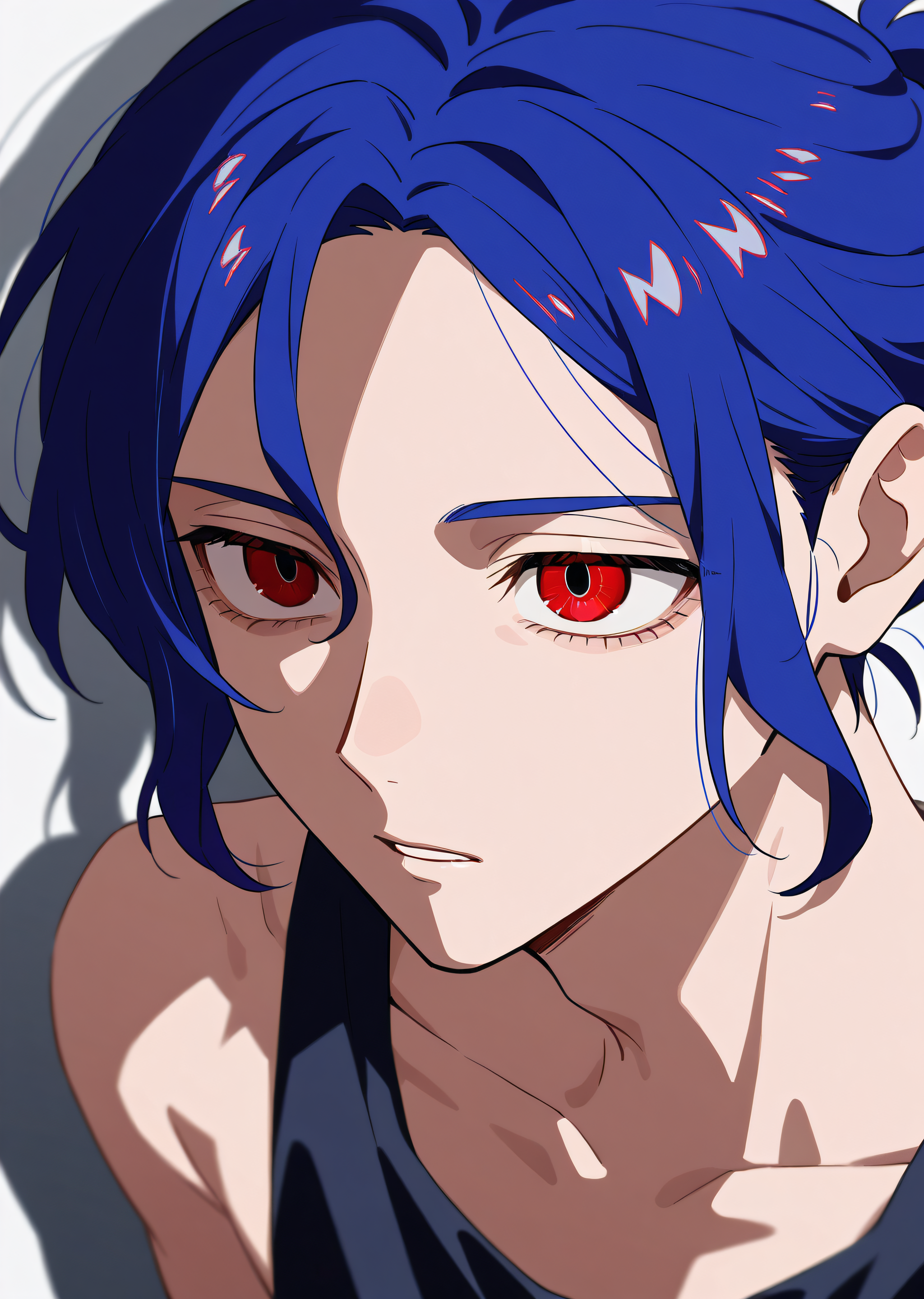 best quality, very aesthetic, absurdres, zPDXL, depth of field, volumetric lighting, BREAK
portrait,
perfect face, ultra-detailed face, 
perfect eyes, detailed eyes,  
1boy, solo,
 <lora:shuji_ito:0.8>shujiito, red eyes, blue hair, black tank top, white shirt, short ponytail,white background,