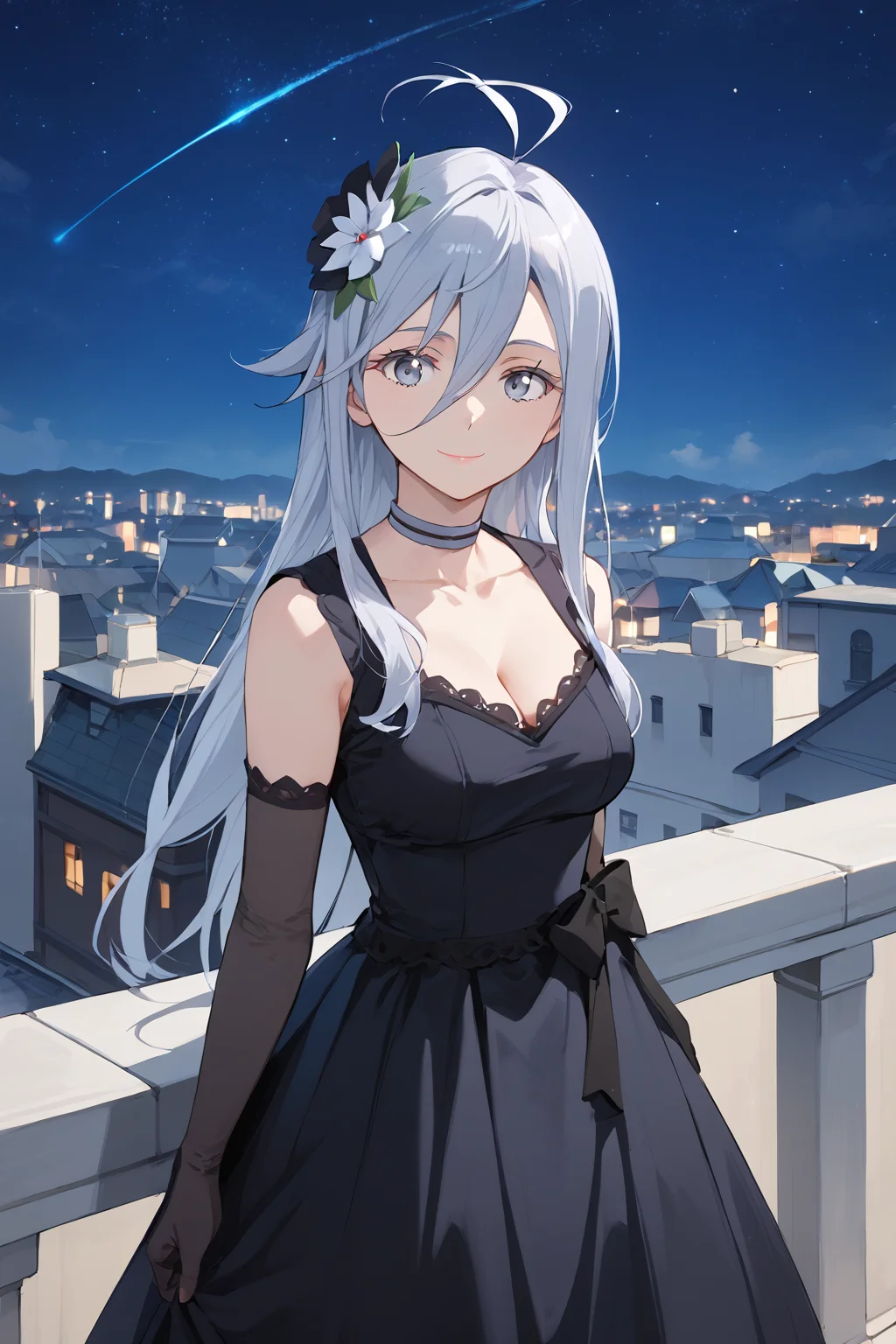 score_9, score_8_up, score_7_up, score_6_up, source_anime,vladilenamilize, 1girl, solo, low-cut dress, elbow gloves, very long hair, head flower, looking at viewer, grey eyes, hair between eyes, choker, cleavage, hair ornament, breasts, closed mouth, bangs, standing, grey hair, collarbone, medium breasts, ahoge, , <lora:vladilena_milize_pony5:1> black dress, cowboy shot, nightsky, outdoors, starry sky, rooftop, smile, lipstick,