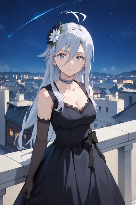 score_9, score_8_up, score_7_up, score_6_up, source_anime,vladilenamilize, 1girl, solo, low-cut dress, elbow gloves, very long hair, head flower, looking at viewer, grey eyes, hair between eyes, choker, cleavage, hair ornament, breasts, closed mouth, bangs, standing, grey hair, collarbone, medium breasts, ahoge, , <lora:vladilena_milize_pony5:1> black dress, cowboy shot, nightsky, outdoors, starry sky, rooftop, smile, lipstick,
