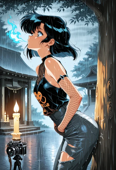 masterpiece,best quality,amazing quality,absurdres, modernretroanime, 1girl, solo, retro artstyle, Side View, Candle with a flickering blue flame, Hidden underground fight club, Rainy day with deep gray tones, Ripped jeans and sleeveless top, Dramatically turning around, Vintage camera hanging from the neck, Cold wind blowing through an empty shrine, Slowly pulling off a pair of fingerless gloves, Skater Girl, Forgetting someoneâs name, Sticking out lip in playful defiance, Lazy genius, Rain-soaked alleyway, Elegant evening dress with sparkling jewelry, Leaning against a tree, hands in pockets, Fishnet gloves