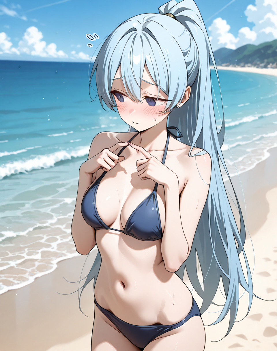 aiselle_molf, blue eyes, light blue hair, long hair,  1girl, ponytail, medium breasts, blue bikini  BREAK outdoors, beach, sea BREAK cowboy shot, looking away, embarassed, blush, fidgeting, shy, Index fingers together  BREAK masterpiece, best quality), amazing quality, absurdres, highres, newest, HDR, 8K, solo, <lora:Aiselle_Molf:0.8>