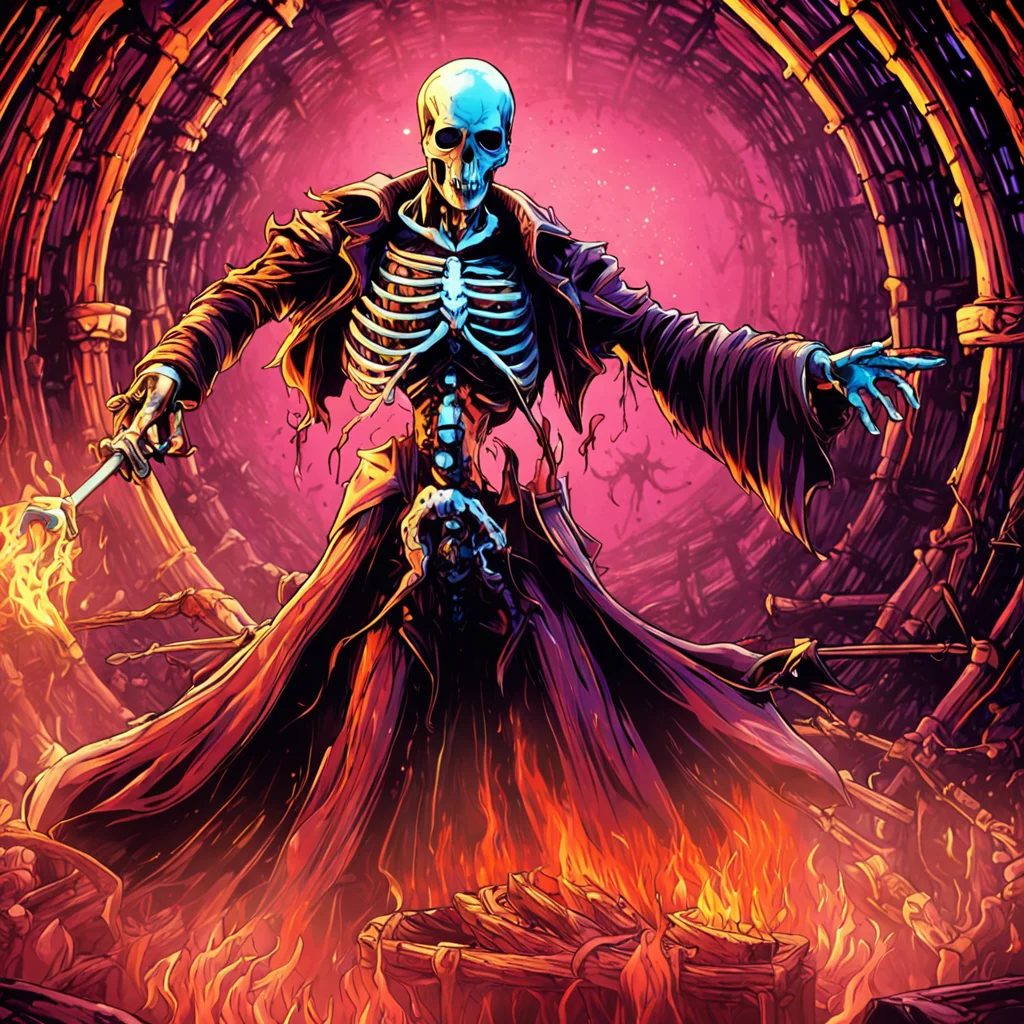 professional 3d model breathtaking anime artwork skeleton mage deep glowing eyes casting a (fire spell:1.4) wearing tethered appeal, horrible terror, gore, blood, in a (dark:1.3) dungeon by dnmumfrd <lora:dan_mumford_v09:1.7> cornell box . key visual, vibrant, studio anime, highly detailed . award-winning, professional, highly detailed . octane render, highly detailed, volumetric, (dramatic lighting, rim lighting:3), (dark horror theme:3) (illustration:2), (cracked skull:1.5) cel shading, (perfect drawing:2), cinematic film still . shallow depth of field, vignette, highly detailed, high budget, bokeh, cinemascope, moody, epic, gorgeous, film grain, grainy, breathtaking . award-winning, professional, highly detailed, horror-themed . eerie, unsettling, dark, spooky, suspenseful, grim, highly detailed, disco-themed . vibrant, groovy, retro 70s style, shiny disco balls, neon lights, dance floor, highly detailed, long exposure photo of . Blurred motion, streaks of light, surreal, dreamy, ghosting effect, highly detailed