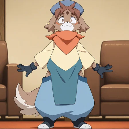 masterpiece, best quality, amazing quality, official style,  fr33di3, male, furry male, anthro, solo, dog-like, brown fur, short hair, brown hair, brown eyes, light muzzle, black nose, orange facial marks, forehead mark, two-tone tail, blue hat, gold ear-piercing, orange bandana, black gloves, long sleeved, yellow shirt, blue flaps, blue pants, black shoes, standing, smile, waving hi, indoors, living room