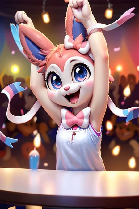 neko, girl, cute, Disney Pixar style Sylveon Pokemon, highly detailed, fluffy, big eyes, beautiful, soft, ultra high quality octane render, hooray, arms up, yay, celebrate, excited, happy, victory, good hands, best hands,