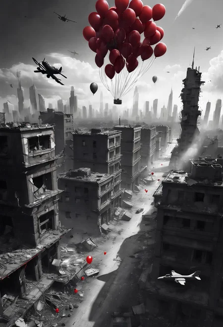 Monochrome, Smooth lighting, mood lighting, Destroyed City, Red Ballons and Fighter Planes in the sky
