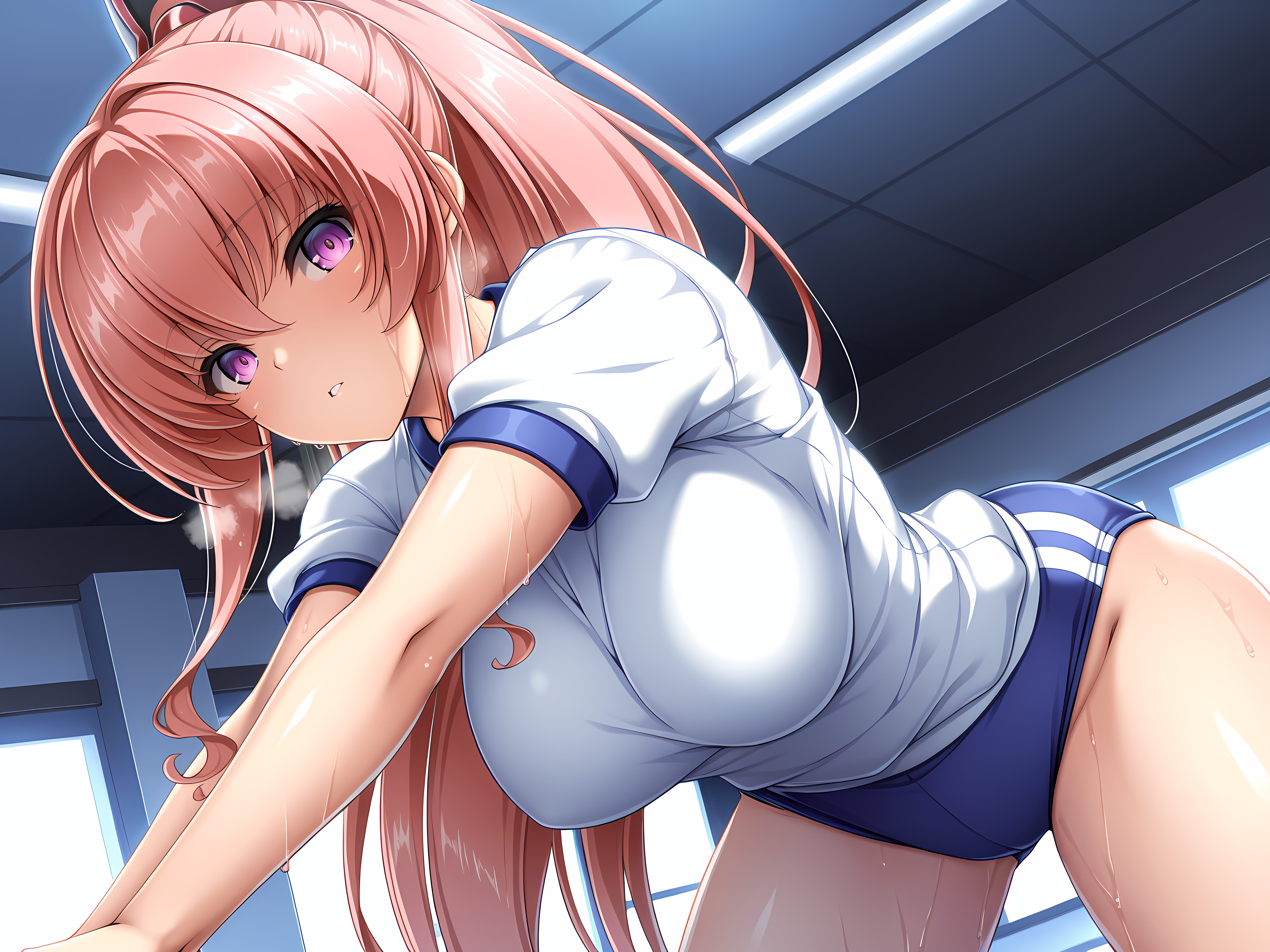 <lora:Ries_-_Illustrious:0.7>,chevalier,lusterise,high ponytail,casual outfit,cowboy shot,long hair,large breasts,looking at viewer,parted lips,indoors,gym uniform,yoga,stretching,exercising,heavy breathing,sweat,, masterpiece,best quality,amazing quality,