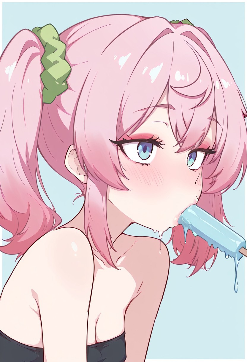masterpiece, best quality, 1girl, solo, skinny, flat breasts, blue eyes, (pink candy hair, two pigtails), green elastic scrunchie, makeup, blush, black tube top, sucking green popsicle, popsicle in mouth, portrait, blue background,
Zerhin