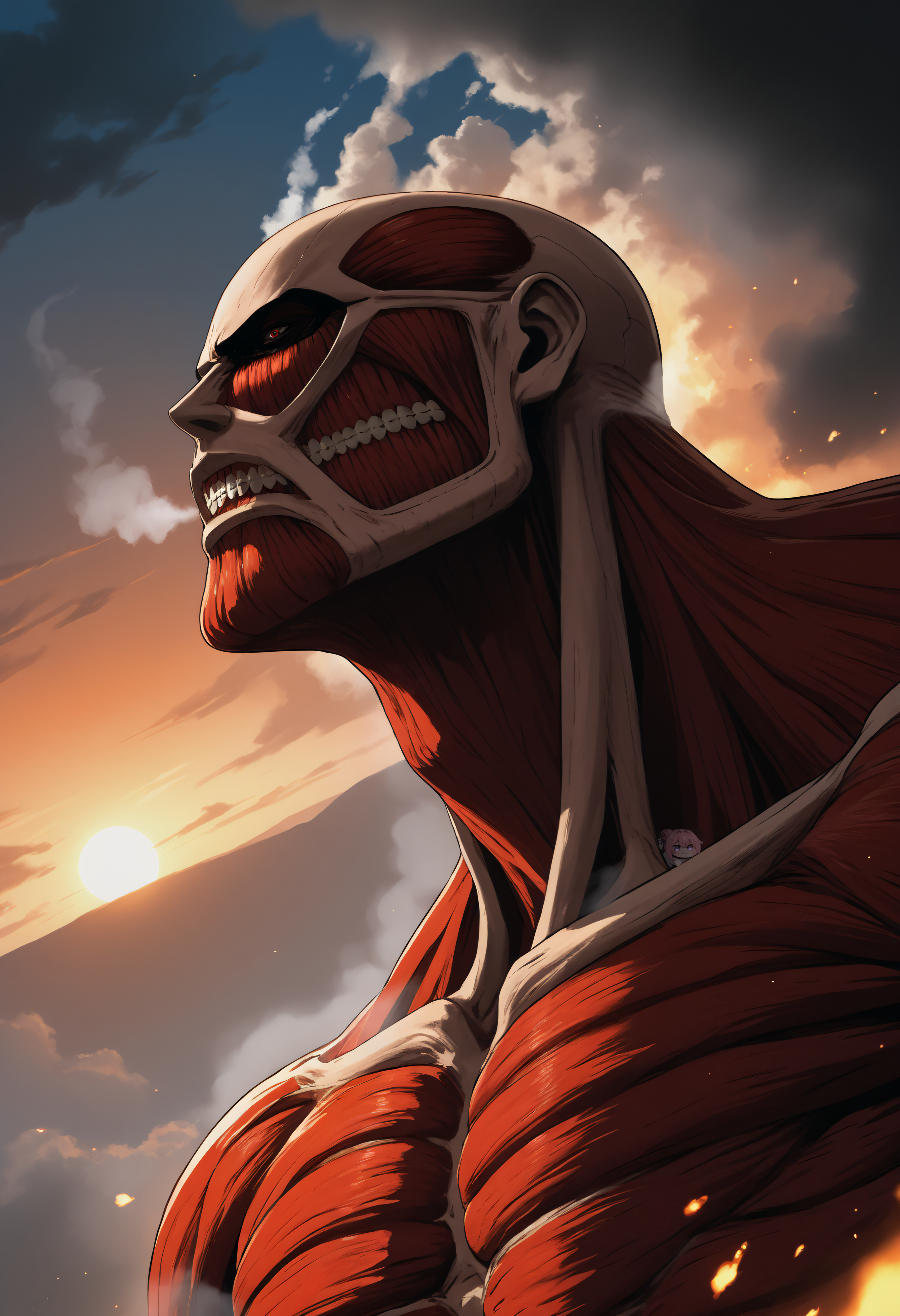 <lora:colossaltitan_aot_xypher_pdxl_v1:1> score_9, score_8_up, score_7_up BREAK source_anime, colossal titan, bald, red skin, ribs, teeth, nude, steam, fog, embers, sunset, cloud