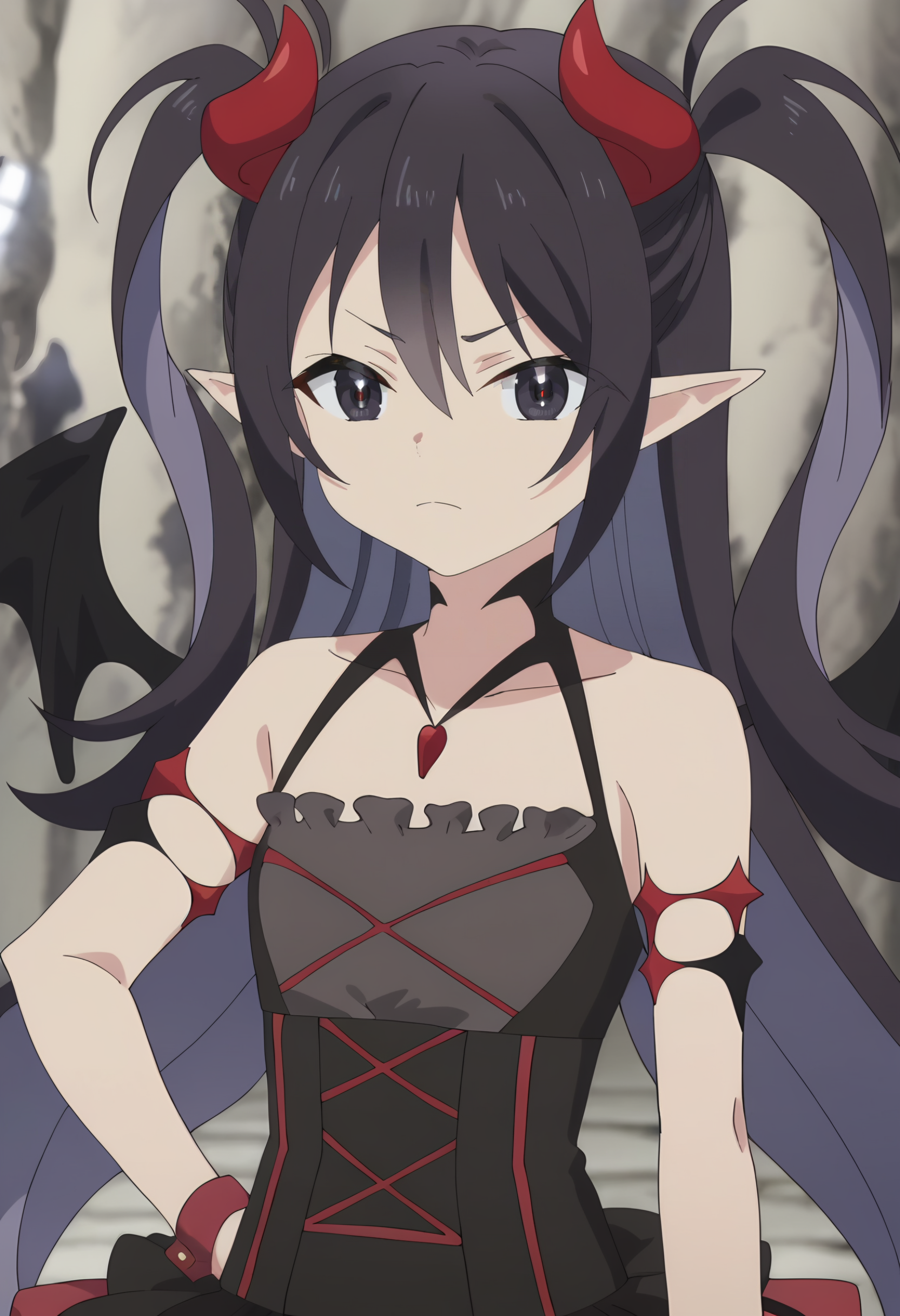 <lora:Luceria:0.9>Luceria, 1girl, solo, long hair, pointy ears, black hair, demon girl, demon horns, demon wings, two side up, black eyes, hair between eyes,   demon tail  ,  bare shoulders, black dress, upper body, looking at viewer, score_9, score_7_up,anime coloring ,source_anime, anime, anime screencap