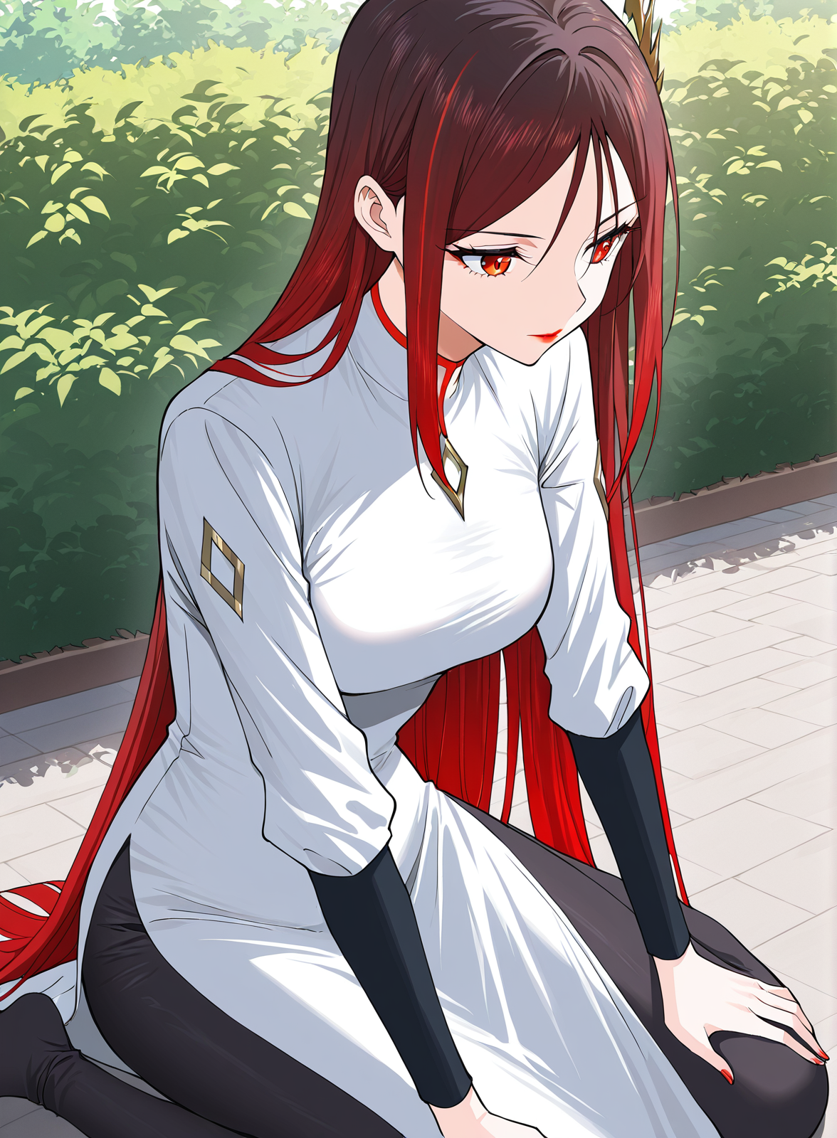 <lora:Jin_Mulan__Ultimate_Son-in-law__Illustrious:1>
1 girl, solo, long hair, red hair, gradient hair, straight hair, hair behind back, side bangs, hair ornament, golden accessory, red eyes, lipstick, 
white dress, high collar, red trim, diamond-shaped brooch, long sleeves, black sleeves, asymmetrical outfit, side slit, black leggings, tight pants, lightning-shaped hair ornament,  diamond pattern on sleeves, bodycon outfit,
score_9, score_8_up, score_7_up, masterpiece, best quality, absurdres, perfect anatomy, 1girl, solo, wariza, sitting, hands on own knees, garden background