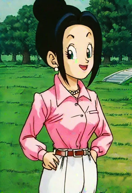 source_anime, score_9, score_8_up, score_7_up, anime screencap,8k, absurd res,
(((Chi-Chi)), ((end of buu)), 1girl, solo, looking at viewer, smile, grass, shirt, black hair, long sleeves, tree, outdoors, jewelry, standing, from above, earrings, collared shirt, belt, pants, necklace, hair bun, black eyes, dress shirt, single hair bun, pink shirt, hand on hip, shirt tucked in, pearl necklace, white pants, long sidelocks, looking at viewer, 
 <lora:chichi_pony_v2:0.8>