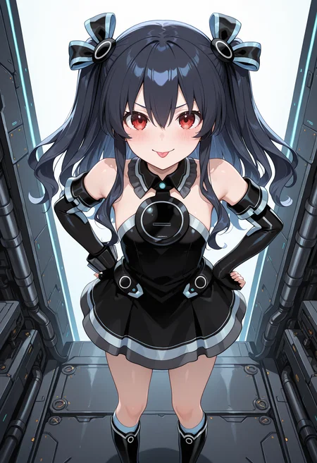 highres, best quality, masterpiece, industrial, science fiction, 
1girl, solo, nptuni, black hair, long hair, red eyes, two-side up, hair between eyes, hair ornament,
1nidef, hair ribbon, black dress, sleeveless dress, black collar, bare shoulders, elbow gloves, fingerless gloves, socks, kneehighs, knee boots,
looking at viewer, blush, v-shaped eyebrows, 
standing, hand on own hip, smile, tongue out, from above,
<lora:_uni_elesico-ilxlG:1>