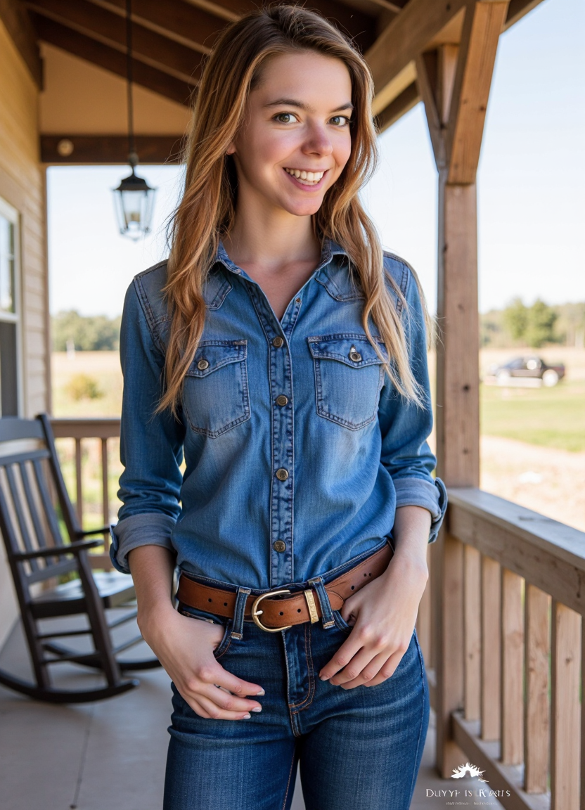 SFW, brightly lit, aidmaimageupgrader, A confident woman posing for a picture on the porch of a ranch, dressed in a stylish yet modest denim outfit. She wears a well-fitted denim button-up shirt with sleeves rolled to her elbows, paired with classic high-waisted denim jeans that complement her figure while maintaining a professional and polished look. A brown leather belt adds a touch of Western charm, and her outfit is completed with sturdy yet stylish cowboy boots.  Her hair flows naturally in soft waves, or is neatly tied back in a low ponytail, giving her a relaxed yet put-together appearance. The setting captures the warmth of the ranch atmosphere, with wooden beams, a rustic rocking chair, and an open landscape in the background. She stands with confidence, gazing into the distance or offering a soft, approachable smile, embodying both strength and elegance in a timeless country-inspired style<lora:turbo-8-step-flux.safetensors:0.0:0.0> <lora:flux\custom\adult\lina-rose.safetensors:1.09:1.09> <lora:turbo-8-step-flux.safetensors:0.5:0.5> <lora:flux\style\Common\aidmaImageUprader-FLUX-v0.3.safetensors:0.25:0.25>