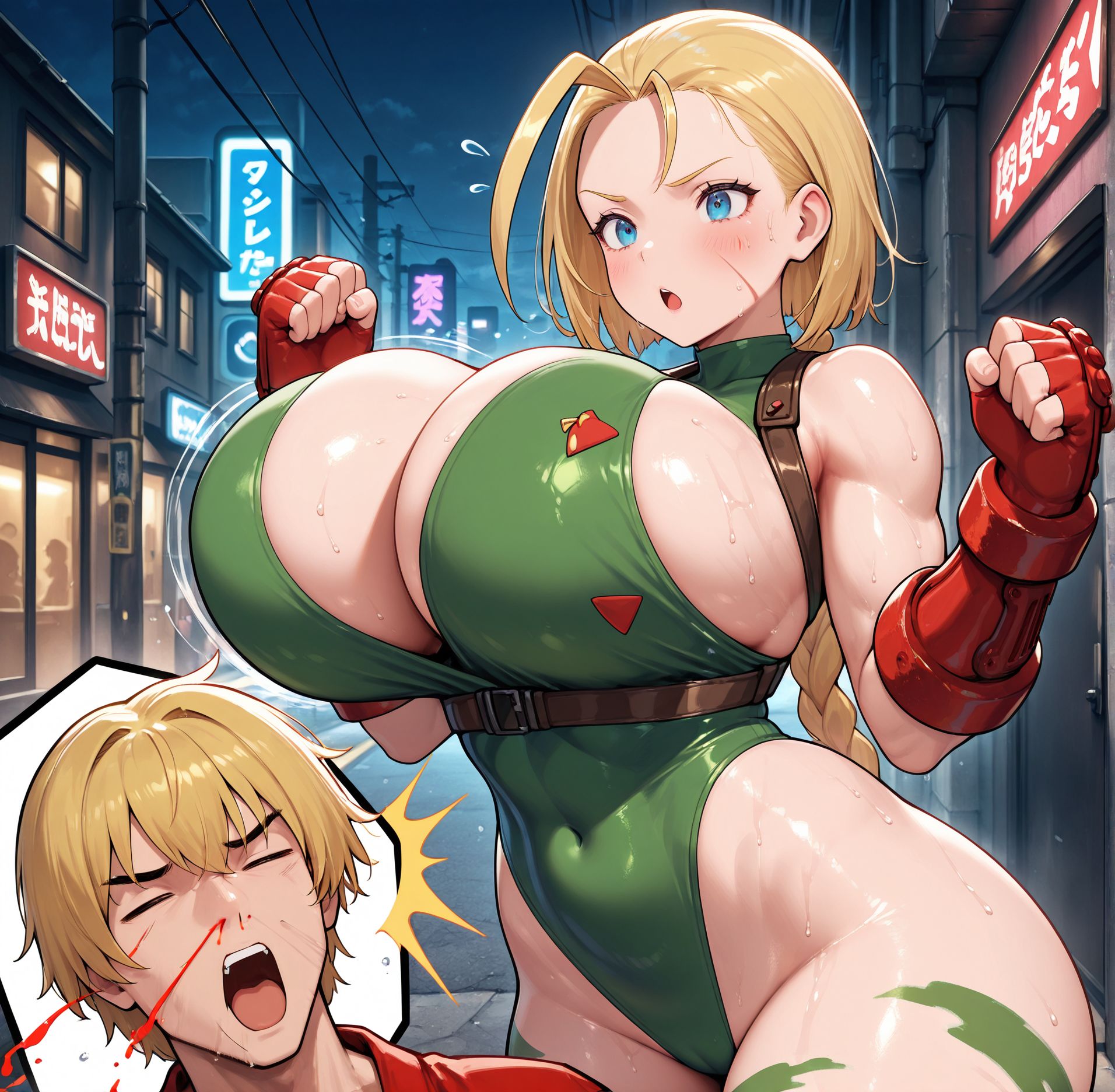 masterpiece,best quality,amazing quality,very aesthetic,absurdres,newest,huge filesize,
<lora:spo_sdxl_10ep_4k-data_lora_webui:0.5>,
<lora:add-detail-xl:1>uncensored,
<lora:slapping_with_breasts:0.9>
slapping_with_breastsV1,
slapping with breasts,
1girl,
breasts,
1boy,
nosebleed,
blood,open mouth,
huge breasts,
street,
BREAK 
Ken Masters(street fighter), blonde hair,
BREAK
cammy,