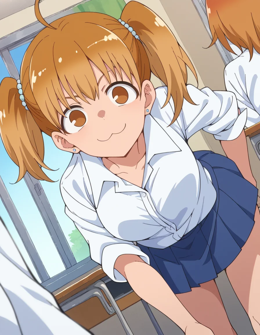 score_9, score_8_up, score_7_up, source_anime,
ijiranaideyoshi, <lora:ijiranaide-yoshi-s1s2-ponyxl-lora-nochekaiser:1>,
yoshi, brown hair, twintails, brown eyes, ahoge,
skirt, shirt, jewelry, school uniform, white shirt, pleated skirt, earrings, blue skirt,
indoors, classroom, bent over, smile,
looking at viewer, dutch angle, cowboy shot,