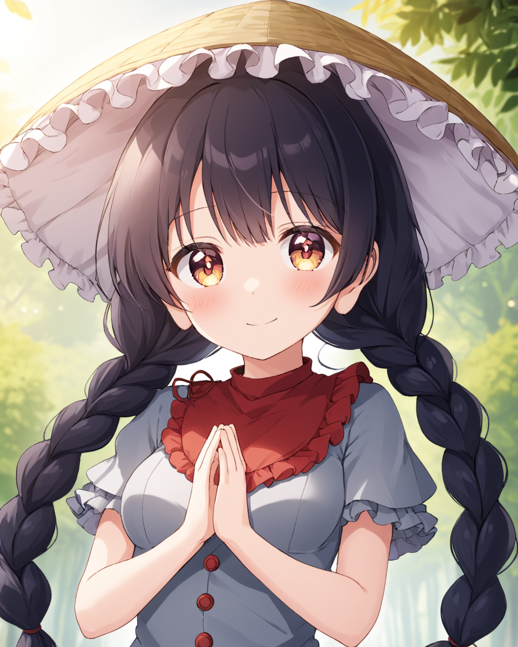 yatadera narumi,1girl, solo, twin_braids, grey_dress, own_hands_together, smile, buttons, cleavage, looking_at_viewer, blush, closed_mouth, red_capelet, ajirogasa, long_earlobes, white_dress, medium_breasts, outdoors, blurry_background, frills
<lora:yatadera_narumi_image528_2023-12-20:1>,star-shaped_pupils,symbol-shaped_pupils,. gorgeous,key visual, vibrant, studio anime,award-winning, professional, highly detailed,high budget, cinemascope
