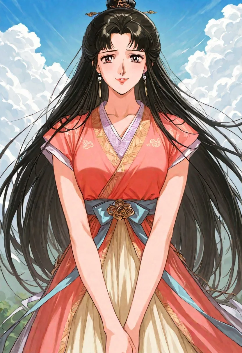 RTKXI style, 1990s_\(style\),retro_artstyle,1woman,mature female,black_hair,long_hair,bangs,Red_Chinese_Hanfu,earrings,looking at viewer,,(detailed face,shy,smile,red_lips), ,outdoor,blue_sky,cloud,BREAK score_9, score_8_up, score_7_up, source_anime,masterpiece, best quality,official art,perfect_anatomy
(best quality) , (highly detailed) ,((masterpiece)), ((best quality)), (ultra-detailed), ((extremely detailed)), (high resolution), 4K, (8K), best quality, (beautiful), (dynamic lighting),