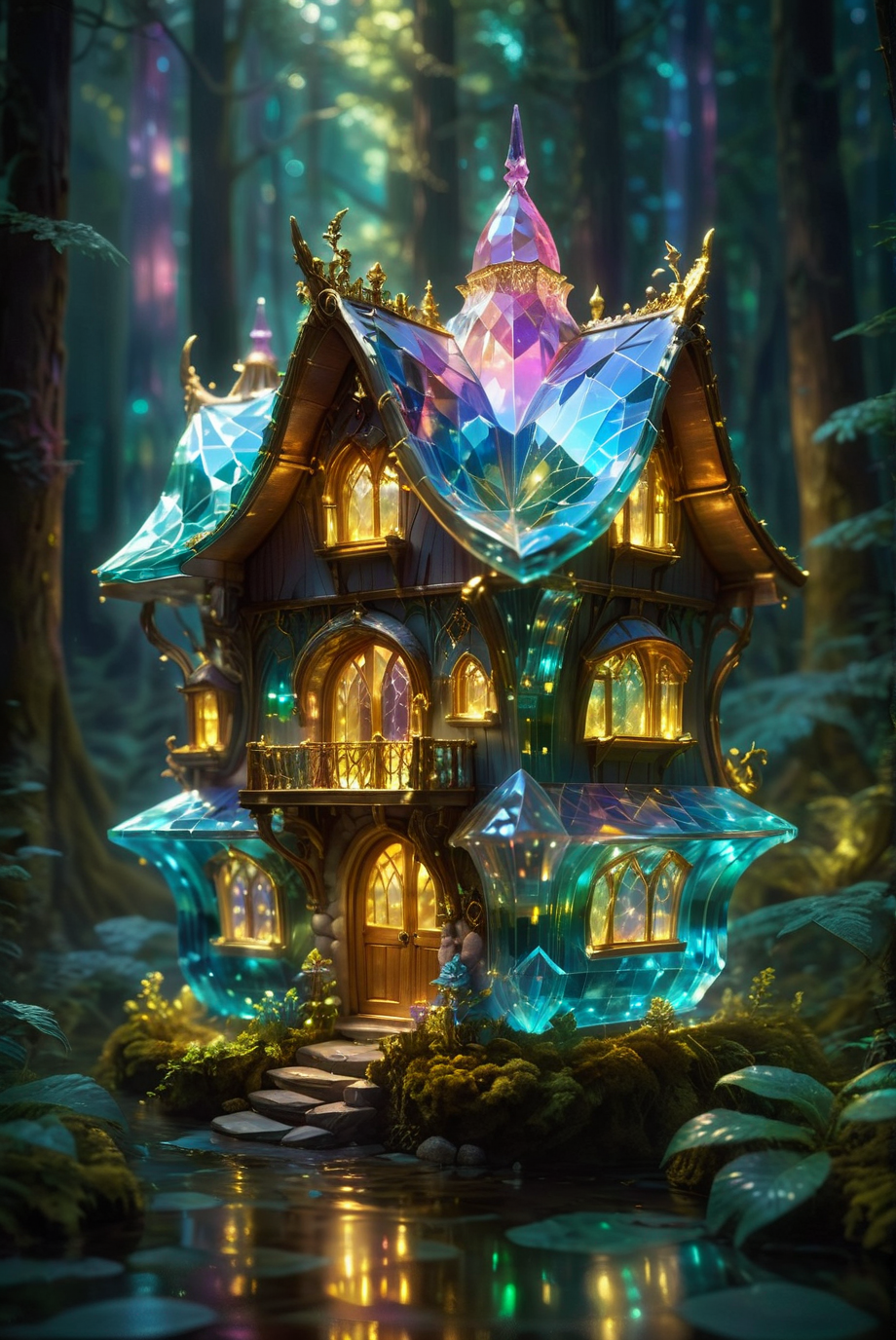 Freshideas Levitation, Holographic crystal cottage, Wireframe Hologram, 3D,
In the evening. A close-up view of a luxurious crystal cottage captured using tilt-shift photography. The vibrant, iridescent cottage is nestled in a lush forest, creating a fantastical and dreamlike scene. The intricate details of the crystal structure are highlighted, and the vibrant colors shimmer and glow. The surreal and magical atmosphere is enhanced by the blurred background, making the crystal cottage stand out as a focal point of enchantment in the forest.
<lora:20240614-1718326897684:1.0>,
<lora:add-detail-xl:1.0>,
<lora:EnvyBetterHiresFixXL01:1.0>,
<lora:extremely_detailed:1.0>, extremely detailed,
<lora:EldritchMixIllustration_1.1:0.25>,
<lora:SDXLFaeTastic2400:0.6>,
<lora:zavy-cntrst-sdxl:0.6> dark, chiaroscuro, low-key,