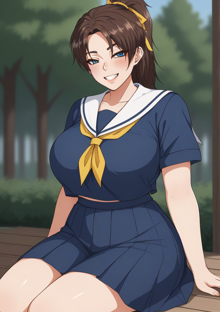 1girl, yamabuki saya, huge breast, , blue eyes, blue neckerchief, blue shirt, blurry, blurry background, blush, brown hair, copyright name, grin, hair ribbon, hanasakigawa school uniform, looking at viewer, neckerchief, outdoors, ponytail, ribbon, sailor collar, school uniform, serafuku, shirt, short sleeves, sidelocks, sitting, skirt, smile, solo, tree, white sailor collar, yellow ribbon, zPDXL3  <lora:Demon_Dog:0.9>