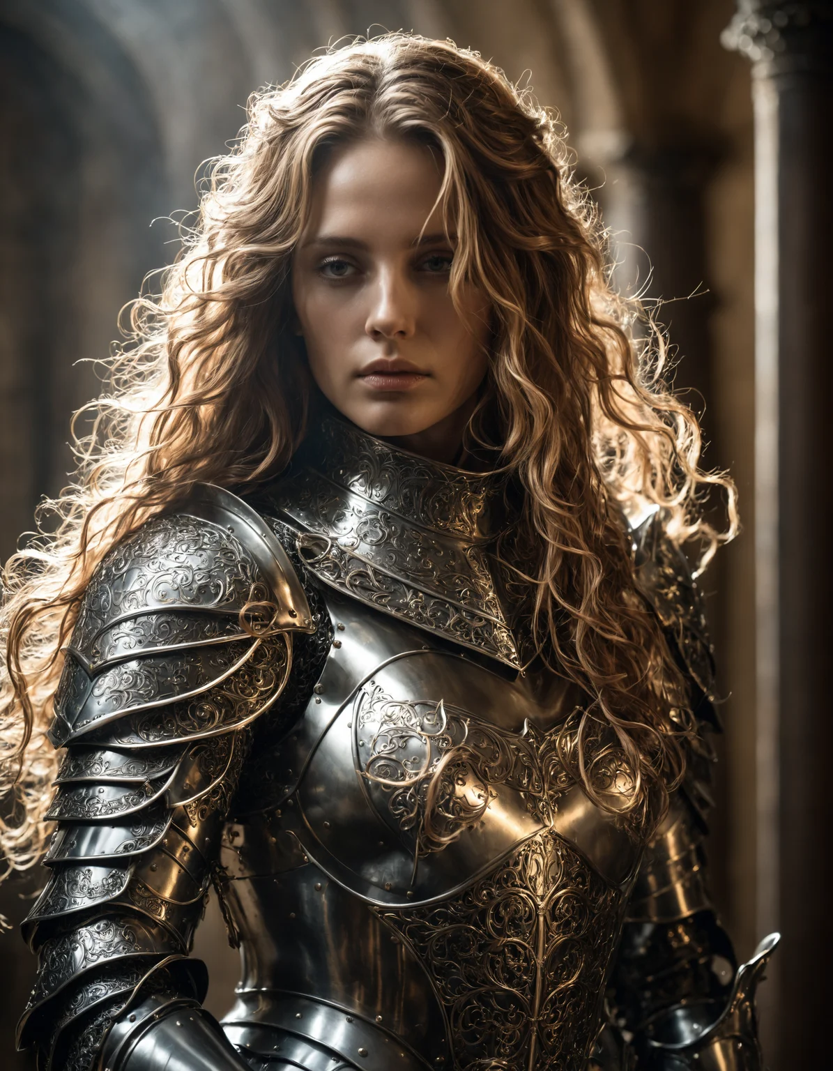 Mysterious armored female knight, with flowing hair and intricate armor, bathed in soft, ambient light.