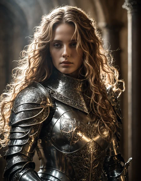 Mysterious armored female  knight, with flowing hair and intricate armor, bathed in soft, ambient light.