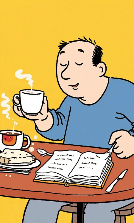 A man having breakfast, holding a cup of coffee in one hand and an open book in the other, just covering his face <lora:flux-test\flux.1_lora_flyway_simple-illustration.safetensors:1.1:1.1>