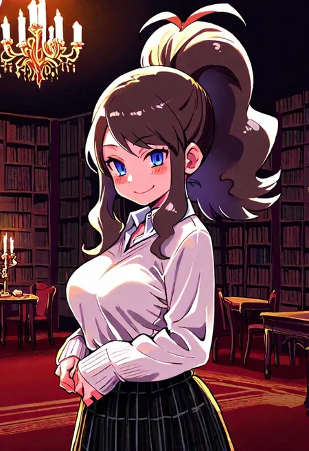 digital art, upper body shot, realistic 3D illustration, Dark Academia,, indoors, dark theme, tree, no humans, window, chair, table, plant, library, red carpet, candlestand, chandelier, books, dim lighting,
BREAK,
zzHilda, blue eyes, long hair, high ponytail, sidelocks,
BREAK,
closed mouth, alternate costume, smile, looking at viewer, collared shirt, blush, sweater, black skirt, eyelashes, long sleeves, sleeves past wrists, plaid skirt, blurry, tile floor, pleated skirt, white shirt, cowboy shot,
BREAK,
subsurface scattering, soft lighting, contemplative expression, dark background, subtle makeup, high-resolution, detailed texture, emotional depth, dramatic mood, side profile, serene atmosphere, cinematic lighting. perfectly round breasts, medium breasts, firm breasts, eye contact