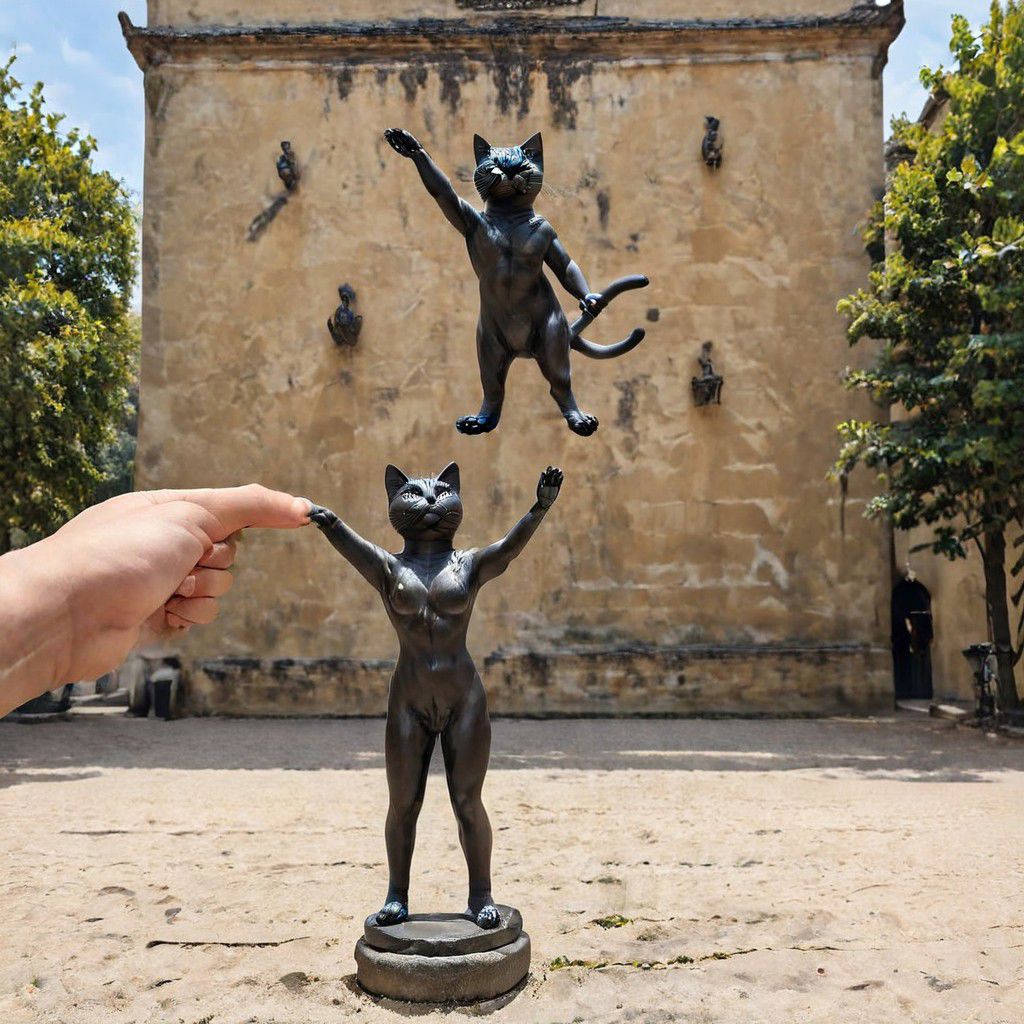 F-B-C, foreground: cat, background: statue with outstretched hand, effect: the cat shakes the statue's hand