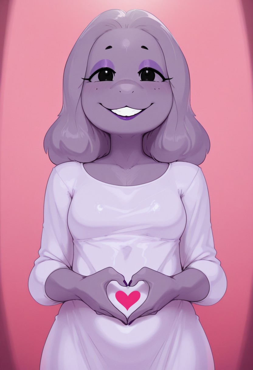 , 1girl, solo, medium build, medium hair, covered skin, flowy dress,  black eyes, purple lipgloss, smiling, portrait, upper body, heart hands, mature female, foreshortening, detailed, newest, shiny skin, cowboy angle, solo focus, furry, anthro, furry female, long hair, mdthetest, small breasts