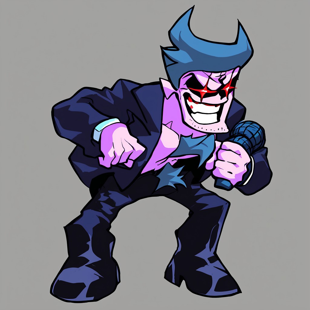score_9, score_8_up, score_7_up, source_cartoon, solo, 1boy, full body, high definition, high resolution, ((hold microphone)), d@ddy_dearest, grin, open jacket, black trousers, black boots, black eyes with red pupils, light-purple skin, pubic hair, tall