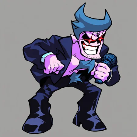 score_9, score_8_up, score_7_up, source_cartoon, solo, 1boy, full body, high definition, high resolution, ((hold microphone)), d@ddy_dearest, grin, open jacket, black trousers, black boots, black eyes with red pupils, light-purple skin, pubic hair, tall