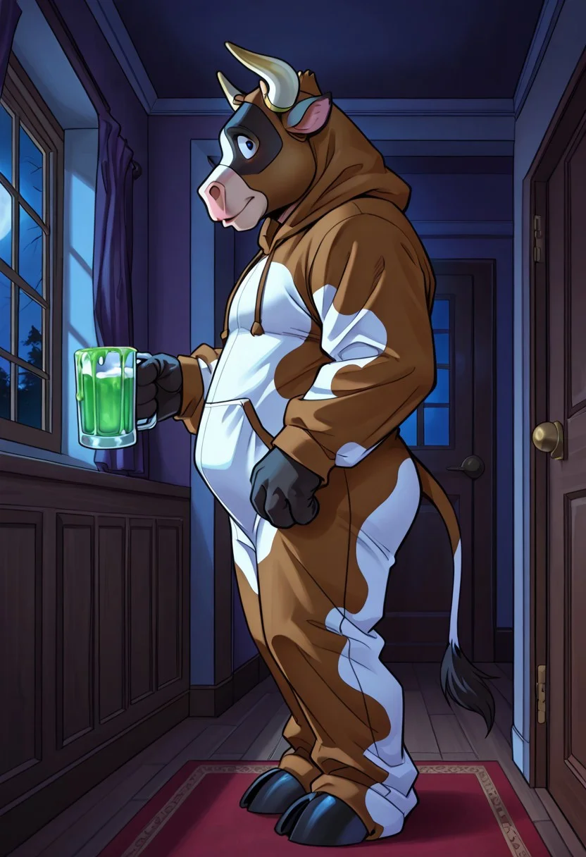 score_9, score_8_up, score_7_up, score_6_up, masterpiece, best quality, detailed face, face_focus:1.5, by kihu, (transformation into anthro bull:0.2, mid transformation:0.2), (haunted house, inside, nighttime, man wearing bull costume, cow mask, closed cow onesie, fake cow paws, holding pint glass of frothy green liquid), side view,