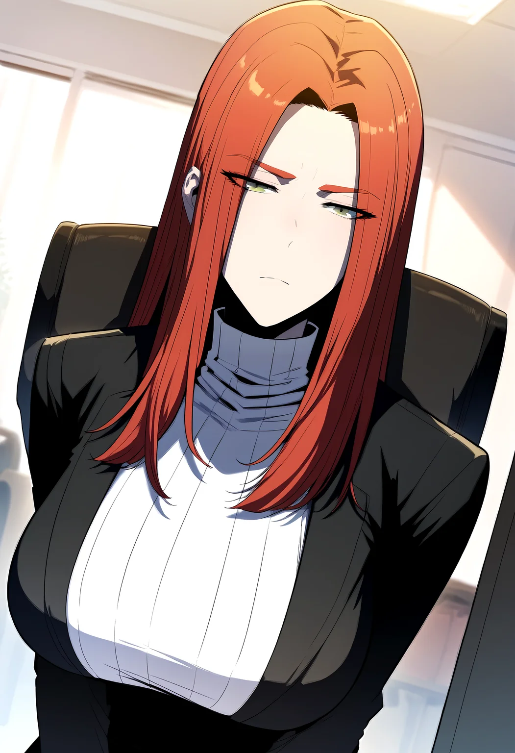 score_9, score_8_up, score_7_up, score_6_up, source_anime, rating_explicit, <lora:neg4all_bdsqlsz_V3.5:2.0>1girl, (solo:1.2), huge breasts,<lora:mariaponyxl:1> long hair, red hair, green eyes, black jacket, turtleneck, white sweater, black skirt, pencil skirt, expressionless, Narrow shoulders, heavy breathing, steaming body, office room, indoors, looking at viewer