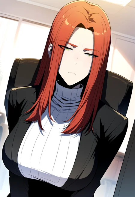 score_9, score_8_up, score_7_up, score_6_up, source_anime, rating_explicit, <lora:neg4all_bdsqlsz_V3.5:2.0>1girl, (solo:1.2), huge breasts,<lora:mariaponyxl:1> long hair, red hair, green eyes, black jacket, turtleneck, white sweater, black skirt, pencil skirt, expressionless, Narrow shoulders, heavy breathing, steaming body, office room, indoors, looking at viewer