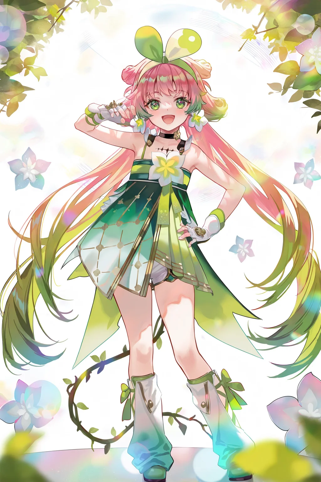 8k, best quality, masterpiece, (ultra-detailed), (high detailed skin),
((artist:reoen),(artist:fuzichoco),(artist:atdan),(artist:torino_aqua),year 2024:0.8)1girl, 8k, masterpiece, best quality, colorful, detailed light, light leaks, sunlight, bokeh, blurry foreground, ray tracing, lens flare, cinematic lighting,
full body, full shot, standing, looking at viewer, (solo:1.2), simple background, (white background:1.2), hand on own hip, white background,
<lora:vlinai-noob-Tanger:0.9>, vlinai, default clothes, Green vine tail, 1girl, long hair, green eyes, gloves, fingerless gloves, very long hair, multicolored hair, choker, Black chest tattoo,
mesugaki, ridicule, laughing,
A full-body portrait of a young girl, standing gracefully, pastel art style, high-key lighting, shoujo manga influence, hd quality, delicate details,
