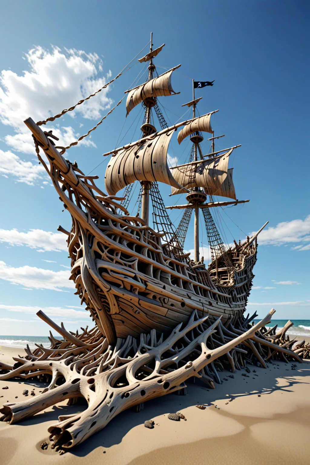 (drift wood washes up on the shore, all the tiny parts of drift wood form together to create a perfect shape of a huge Driftwood pirate ship), abstract, 3d render, strong, insanely intricate details, (masterpiece), (from below), natures art work, UHD, <lora:Driftwood_Detailed_Art_-_By_DICE:0.5> driftwood pirate ship,
