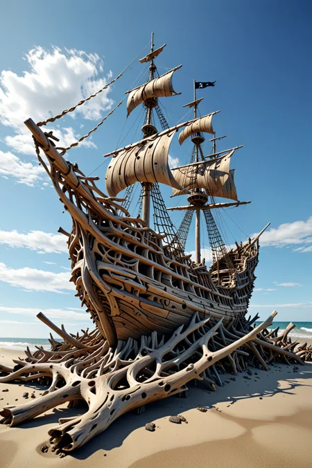 (drift wood washes up on the shore, all the tiny parts of drift wood form together to create a perfect shape of a huge Driftwood pirate ship), abstract, 3d render, strong, insanely intricate details, (masterpiece), (from below), natures art work, UHD, <lora:Driftwood_Detailed_Art_-_By_DICE:0.5> driftwood pirate ship,