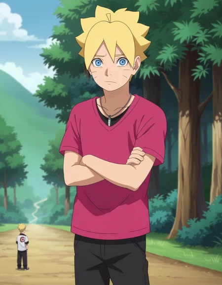 score_9, score_8_up, score_7_up, source_anime,anime screencap,anime coloring,
uncensored,
boruto, 1boy, blonde hair,facial mark,whisker markings, male focus,blue eyes,
necklace,jewelry, shirt, black pants, bandages,
wide-eyed,
looking at viewer,
standing, solo focus,
perfect anatomy,
scenery,outdoors,forest,
<lora:Boruto_Uzumaki_r1:0.9>