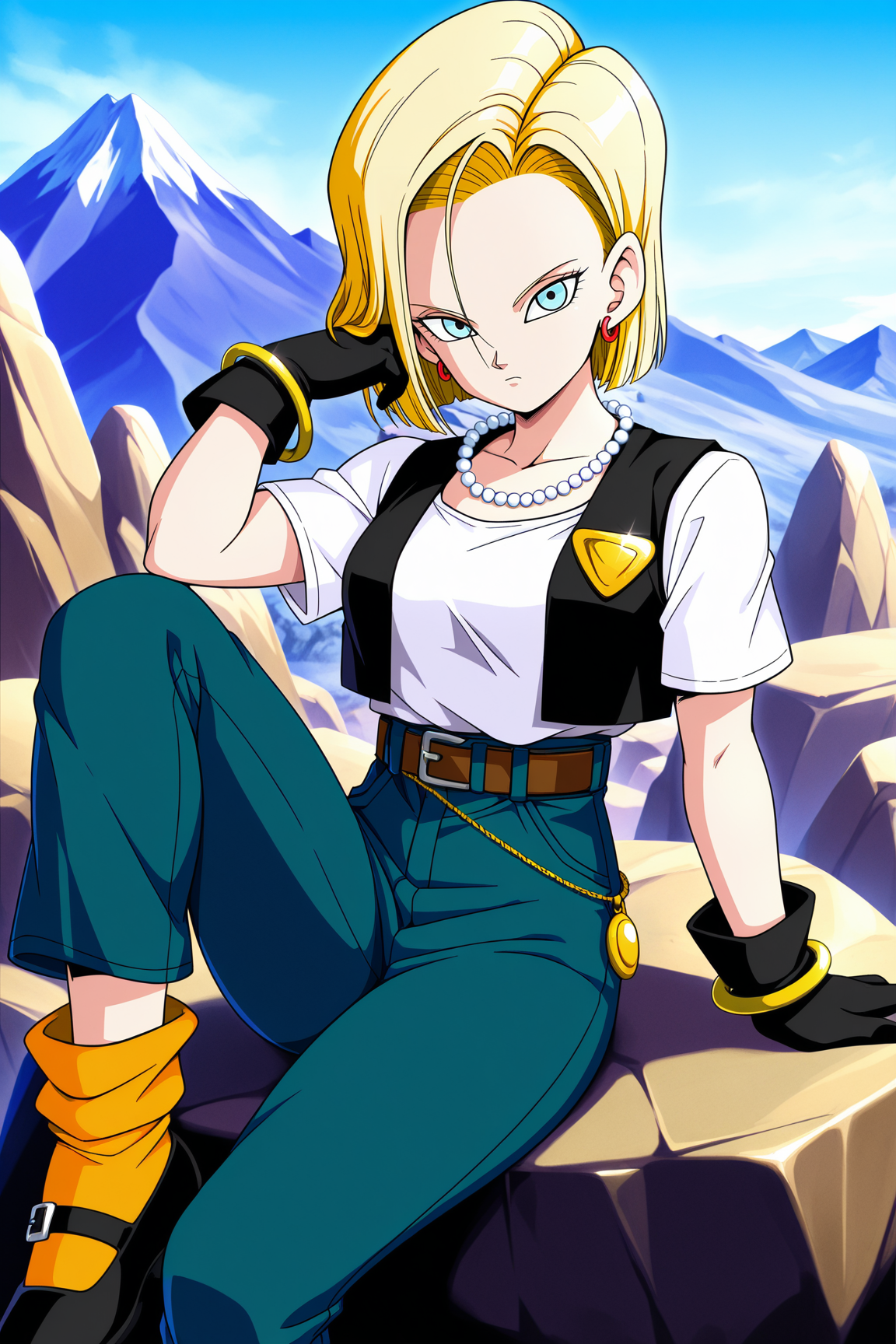 (high quality:1.1), detailed face, android 18, cell_saga, 1girl, looking at viewer, short hair, blue eyes, blonde hair, sky, day, gloves, mountain, rock, jewelry, sitting, earrings, solo, black gloves, belt, square buckle, pants, necklace, vest, denim, jeans, pearl necklace, mary janes, loose socks, high-waist pants, badge, black vest, gold bracelet, orange socks, gold chain, shirt tucked in, white shirt, black footwear <lora:android_18-09:1>