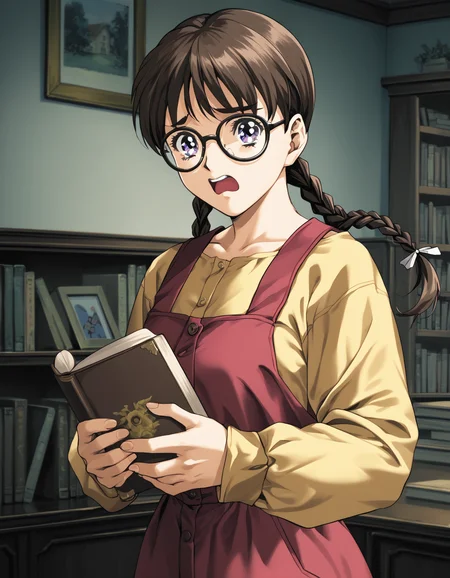 score_9, score_8_up, score_7_up, <lora:shuusaku-v2-ponyxl-000016:0.9> shiho, brown hair, purple eyes, glasses, twin braids, pinafore dress, red dress, yellow shirt, long sleeves
1girl, solo, holding book, caught, open mouth, embarrassed, looking at viewer, bookshelf, close-up