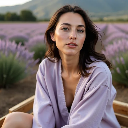 Ultra quality, ultra realistic, ultra detailed skin textures and colors, In the cool morning air of a lavender field in Provence, a stunning woman sits at the edge of a wooden crate, her face turned slightly toward the soft sun, wrapped in a muted lilac linen blouse with a deep v-collar that echoes the fields behind her. Her skin shows every detailâfreckles across her nose, a slight flush on her cheeks, faint crowâs feet at the corners of calm, moss-green eyes. Shot in half-head framing with a Contax 645 and 80mm f/2 lens on Kodak Portra 160 for its ability to gently hold both skin tone and pastel hues, the light is entirely naturalâopen shade with a large white bounce card held under her chin to bring out detail in her lower face. The subtle breeze lifts strands of her hair, and behind her, the lavender hums out of focus, creating a cinematic portrait both intimate and deeply environmental. Every pore, eyelash, and wrinkle is celebrated, not hiddenâthis is not polished beauty, but elevated honesty.
<lora:Detailed Skin&Textures Flux V3:0.6> dsv4