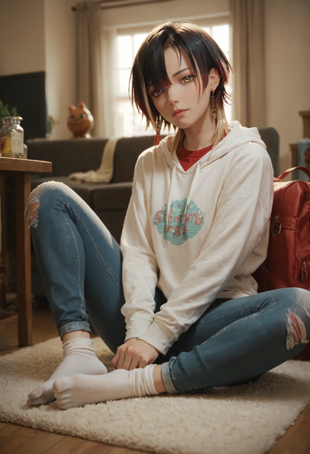 score_9, score_8_up, score_7_up
1girl, sitting, indoors, hoodie, jeans, socks, no shoes
<lora:KannagiLokiXL-8-2000:0.9>
kannagiloki, heterochromia, earrings