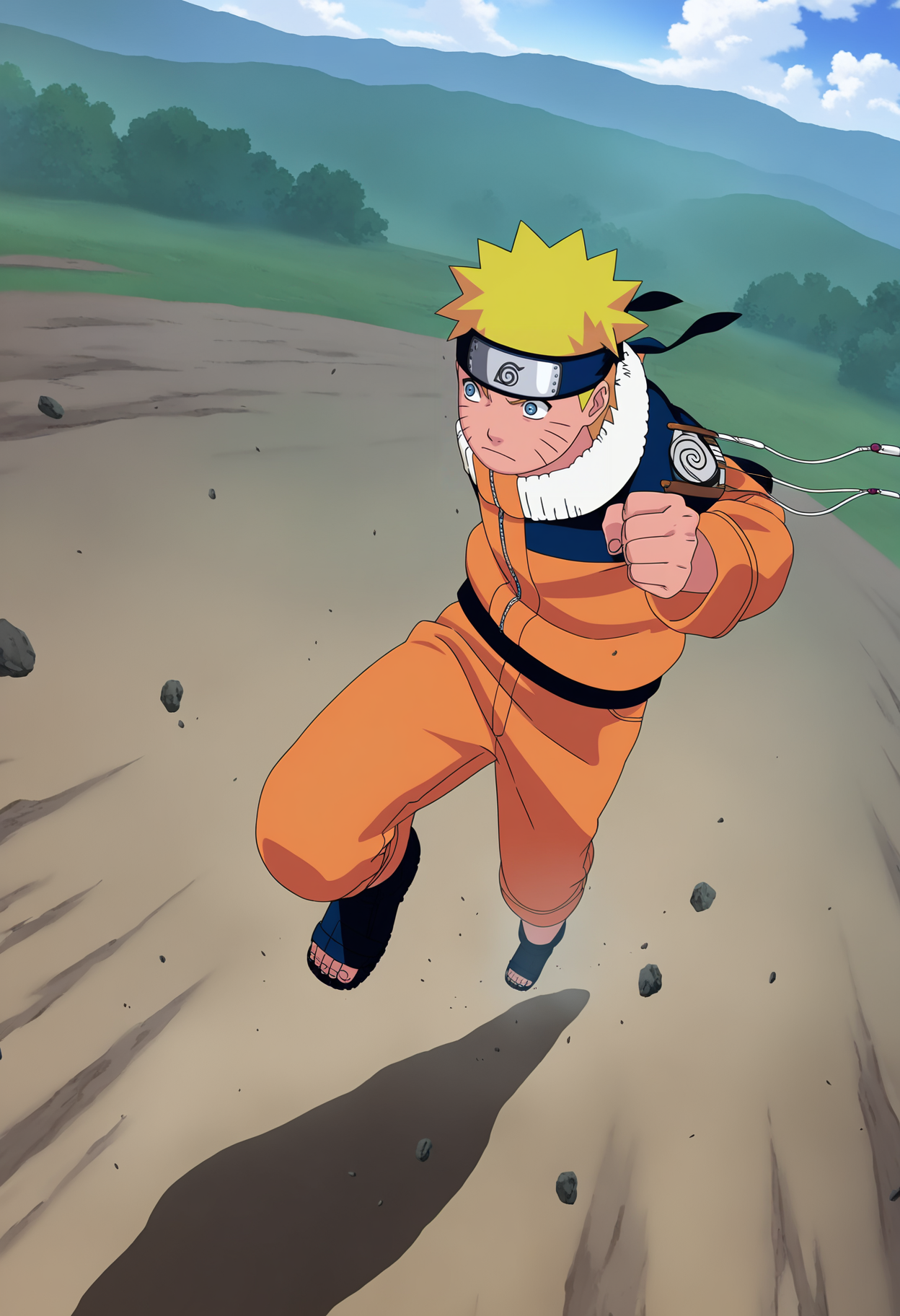 masterpiece, best quality, very aesthetic, absurdres, anime screencap, anime coloring,
1boy, uzumaki naruto, blonde hair, spiked hair, blue eyes, whisker markings, 
forehead protector, konohagakure symbol, orange jumpsuit,
dynamic angle, from above, running fighting stance, attack battle form, floating debris dust stones winds, official art, full body,  <lora:NarutoGeninNoobXL_byKonan:1>