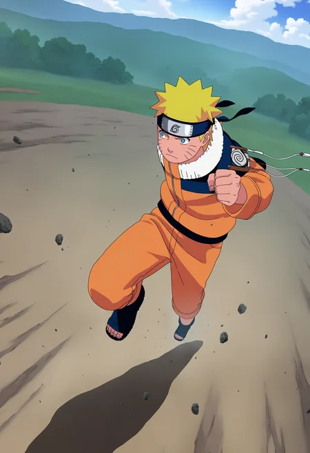 masterpiece, best quality, very aesthetic, absurdres, anime screencap, anime coloring,
1boy, uzumaki naruto, blonde hair, spiked hair, blue eyes, whisker markings,
forehead protector, konohagakure symbol, orange jumpsuit,
dynamic angle, from above, running fighting stance, attack battle form, floating debris dust stones winds, official art, full body, <lora:NarutoGeninNoobXL_byKonan:1>
