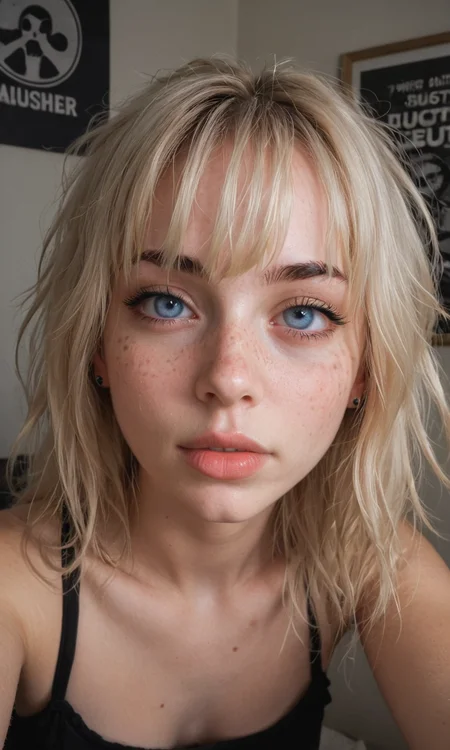 4k selfie with a excited expression, goth girl, deep focus, split-diopter lens, focus on her eyes, cluttered bedroom, posters on walls, warm lighting, long shaggy blonde, bangs between eyes, dark blue eyes, freckles, blush, natural lips, natural eyes, messy hair, black eyebrows, piercings, taking a selfie, bent forward,